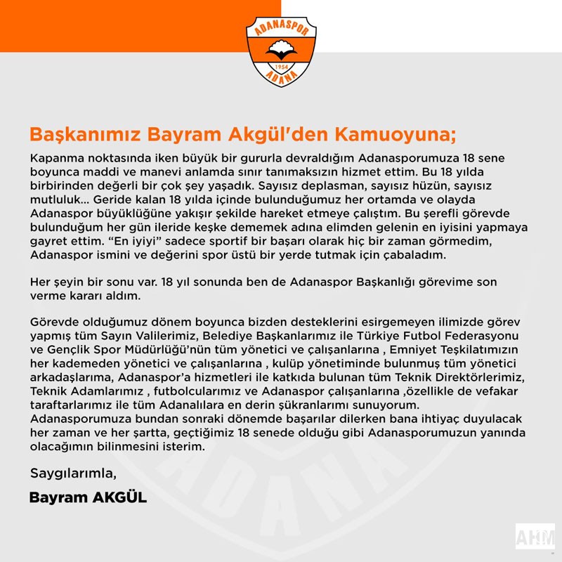 Adanaspor'da Bayram Akgül'den Açıklama