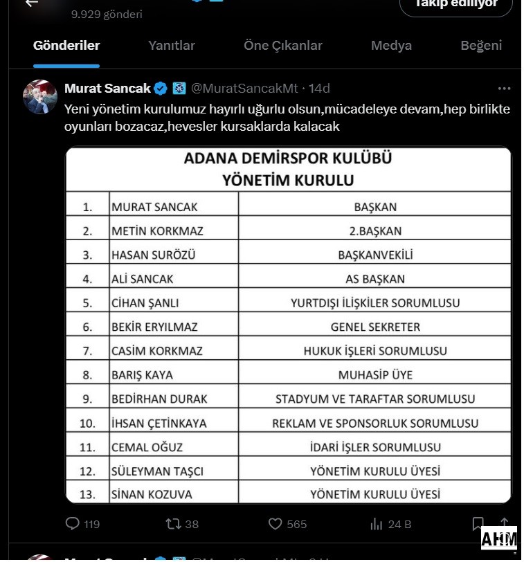 Adana Demirspor'un yeni yönetim kurulu listesi