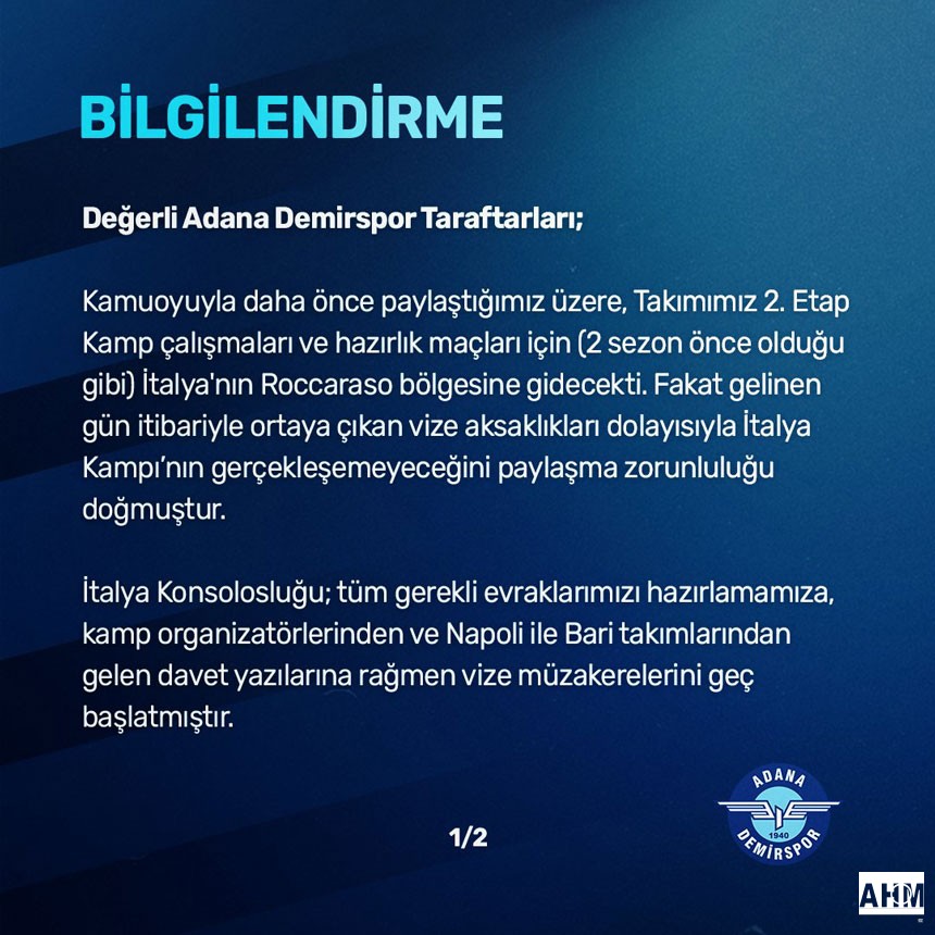 Adana Demirspor'dan Bilgilendirme