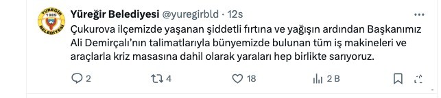 Seyhan ve Yüreğir Belediyeleri Fırtına ve Etkili Yağışta Vatandaşın Yanında Oldu